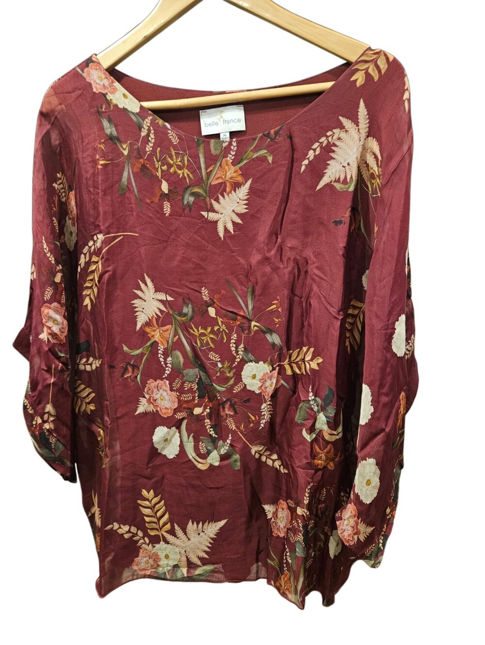 Belle France Italy Silk Blend Floral Batwing Cape Top Burgundy Maroon XL Boho - Picture 2 of 5